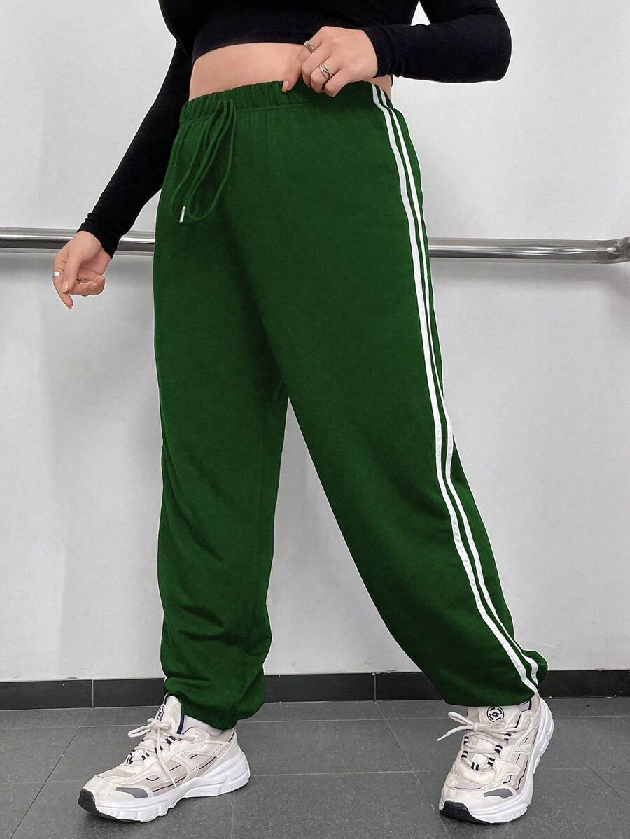 Flirla 大碼條紋拼接織帶腰部抽繩衛褲 - 墨綠色 - 查看 1