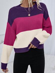 SHEIN LUNE 撞色落肩针织套头衫秋冬毛衣 - 彩色 - 查看 7
