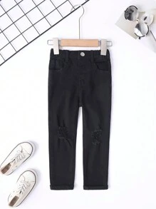 Young Girl Solid Ripped Straight Leg Jeans - Black - View 1