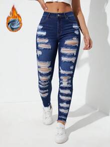 SHEIN Essnce Đã chải Chất vải Nhiệt Quần jean rách - Rửa tối - Xem 1