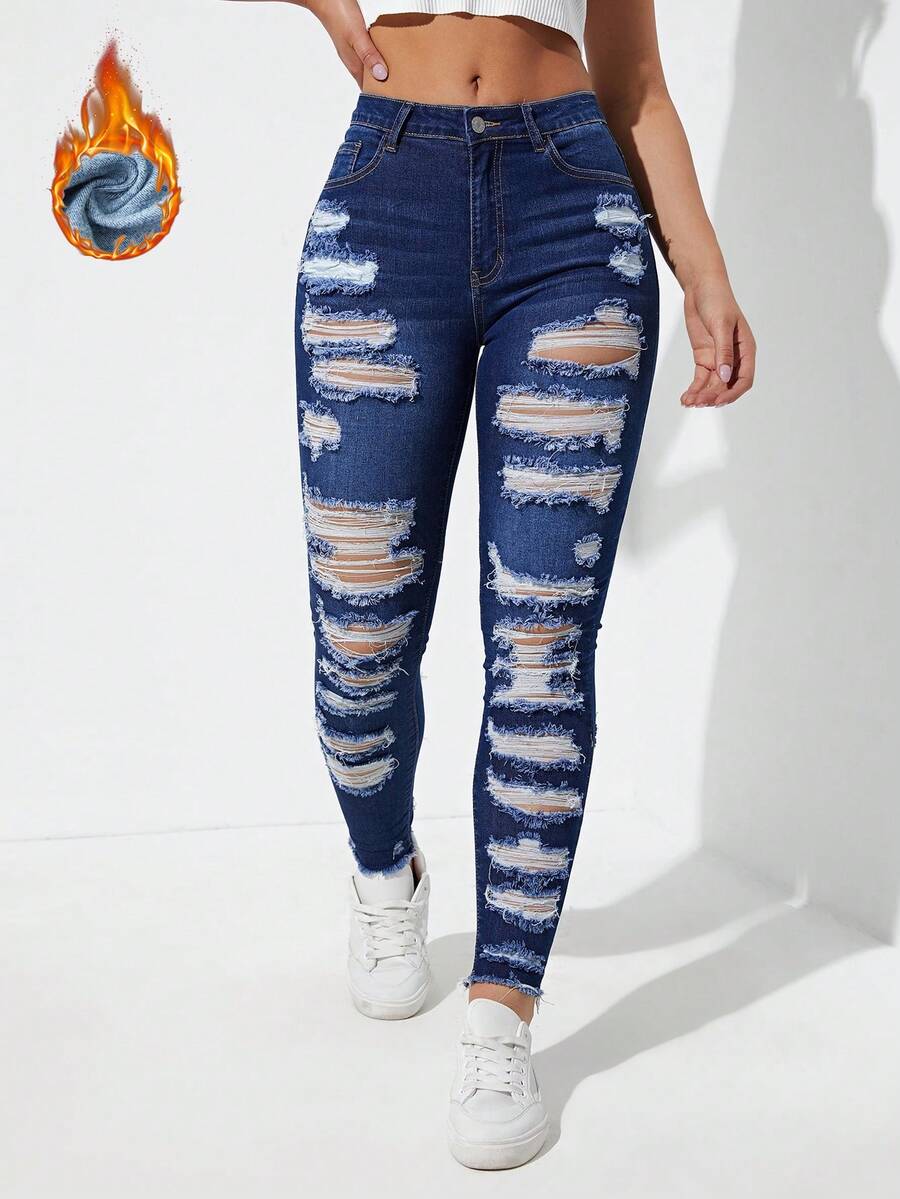 SHEIN Essnce Đã chải Chất vải Nhiệt Quần jean rách - Rửa tối - Xem 1