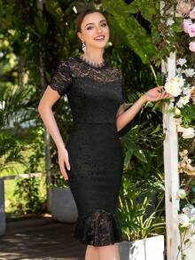 MIUSOL Váy bodycon Nàng tiên cá Hem Ren hoa Buổi tiệc - màu đen - Xem 5