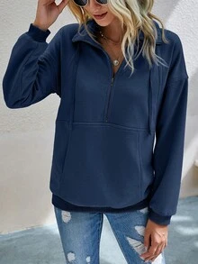 SHEIN LUNE Một nửa khóa kéo Túi kangaroo Thả vai Dây rút Áo nỉ - Màu xanh hải quân - Xem 4