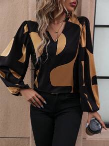 EMERY ROSE Colorblock Notched Neckline Lantern Sleeve Blouse Fall Cloth For Women - Multicolor - View 5