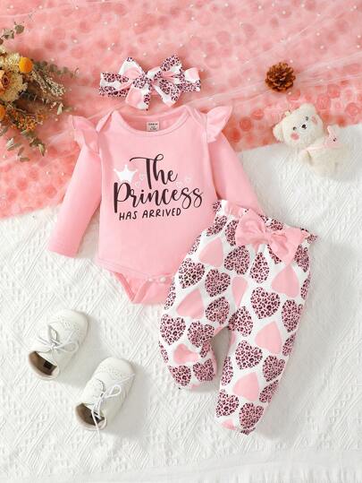 SHEIN Vintaside Kids 女嬰標語圖案荷葉邊連身背心&格紋喇叭褲＆ 頭巾