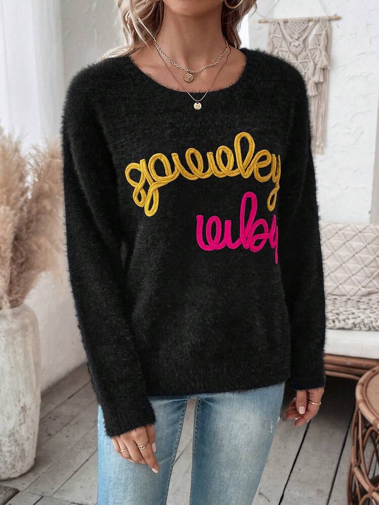 Letter Pattern Drop Shoulder Fuzzy Knit Pullover Fall Winter Sweater