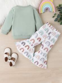 女嬰彩虹印花運動衫&喇叭褲 - 綠色 - 查看 2