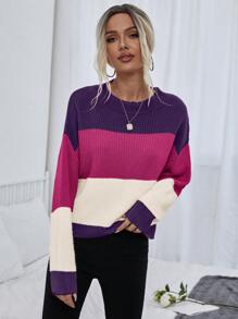 SHEIN LUNE 撞色落肩针织套头衫秋冬毛衣 - 彩色 - 查看 6