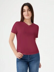RueChic Teen Girl Solid V Neck Tee - Red - View 6