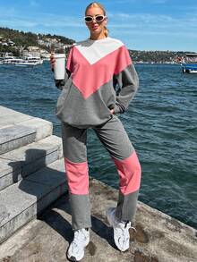 EURMUSE Colorblock Drop Shoulder Sweatshirt & Sweatpants - Multicolor - View 4