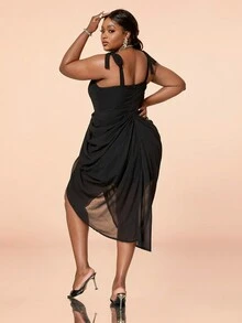 Plus Solid Tie Shoulder Ruched Split Thigh Mesh Confident Sexy Dress - Black - View 2