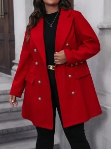 SHEIN Clasi 大碼聖誕西裝領雙排釦花呢外套 - 紅色 - 查看 5