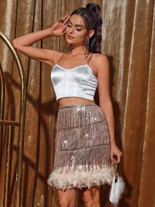 Allurite 毛茸邊亮片半身裙 - 香檳色 - 查看 3