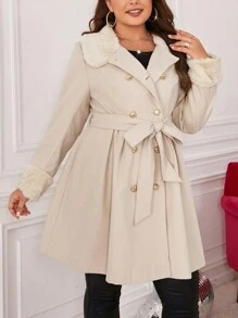 SHEIN Clasi Hơn Cổ áo Borg Đôi ngực Thắt lưng Áo khoác - Màu be - Xem 3