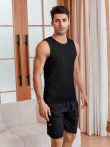 Men Solid Ribbed Knit Lounge Tank Top - Black - View 3