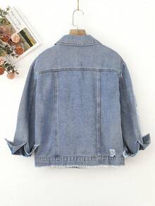 女大童1入組破洞抽鬚翻蓋細節牛仔夾克 - 中等水洗藍 - 查看 2