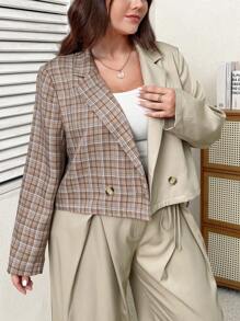 SHEIN Essnce 大碼格紋印花雙排釦西裝外套 - 彩色 - 查看 5