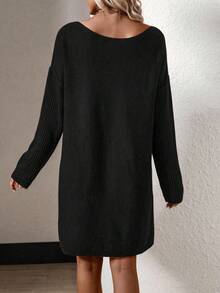 SHEIN LUNE Vestido de punto unicolor de hombros caídos sin cinturón - Negro - Ver 2