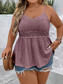 Breezaya Plus Eyelet Embroidery Contrast Lace Peplum Cami Top - Dusty Pink - View 6