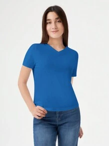 RueChic Teen Girl Solid V Neck Tee - Blue - View 6