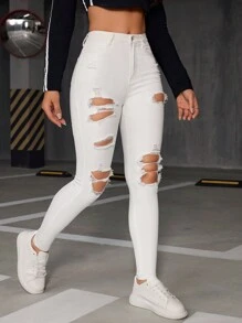 SHEIN ICON Chất rắn Quần jean rách - trắng - Xem 4