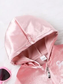 SHEIN 女嬰字母刺繡絲絨連帽衫&吊帶上衣&喇叭褲 - 粉色 - 查看 4