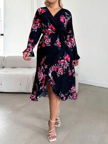 SHEIN Cottnline Plus Floral Print Flounce Sleeve Ruffle Trim Wrap Belted Dress - Multicolor - View 1