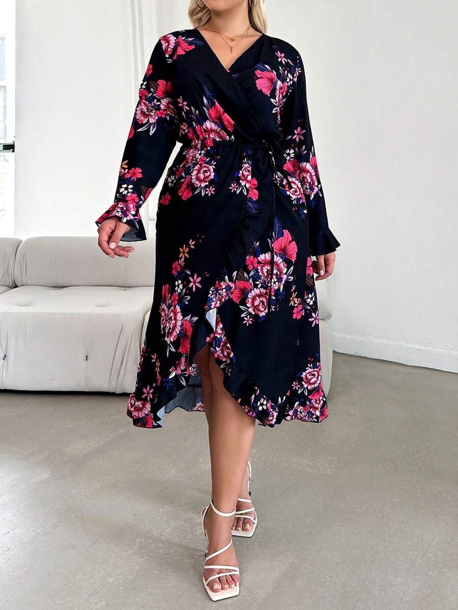 SHEIN Cottnline Plus Floral Print Flounce Sleeve Ruffle Trim Wrap Belted Dress - Multicolor - View 1