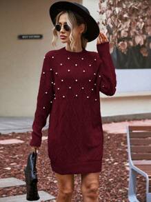 SHEIN Clasi Ngọc trai đính cườm Thả vai Đầm Áo len - Màu Đỏ Sâu - Xem 1