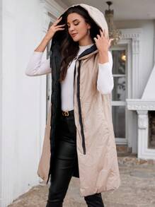 RueChic Zip Up Drawstring Hooded Vest Puffer Coat - Black - View 2