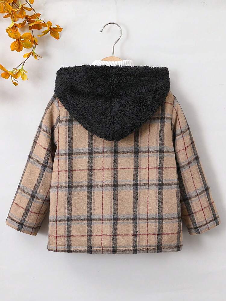 Young Boy Plaid Print Hooded Thermal Lined Coat Without Sweater