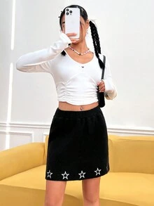 SHEIN EZwear Star Embroidery Sweater Skirt - Black - View 5