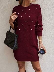 SHEIN Clasi Ngọc trai đính cườm Thả vai Đầm Áo len - Màu Đỏ Sâu - Xem 4