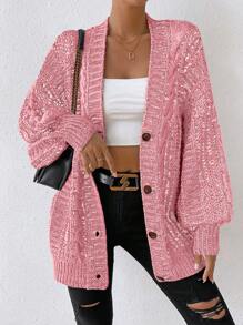 Chiquease Marled Knit Lantern Sleeve Button Front Cardigan - Pink - View 7
