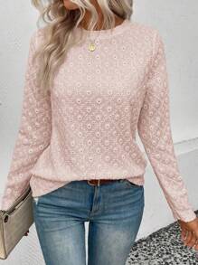 SHEIN LUNE Solid Eyelet Embroidery Tee Fall Cloth For Women - Pink - View 6