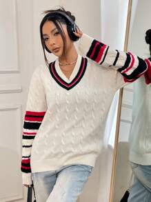 SHEIN EZwear 條紋飾邊麻花編織套頭毛衣 - 杏色 - 查看 1