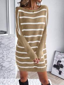 SHEIN LUNE 條紋圖案蝙蝠袖毛衣洋裝 - 卡其色 - 查看 5