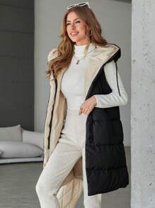 RueChic Zip Up Hooded Puffer Vest Coat - Black - View 1