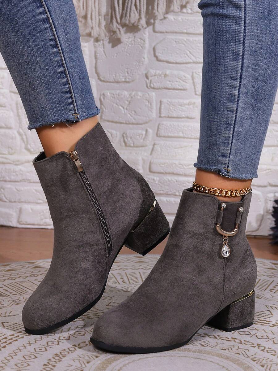 方頭麝皮短靴適合女士2023秋天和冬天,英倫風情粗和低跟踝靴短靴帶側拉鍊