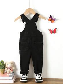 Baby Girl Neutral Casual Adjustable Denim Overalls With With Flat Pockets , The Best Daily Fashion Outfits - Black - View 2