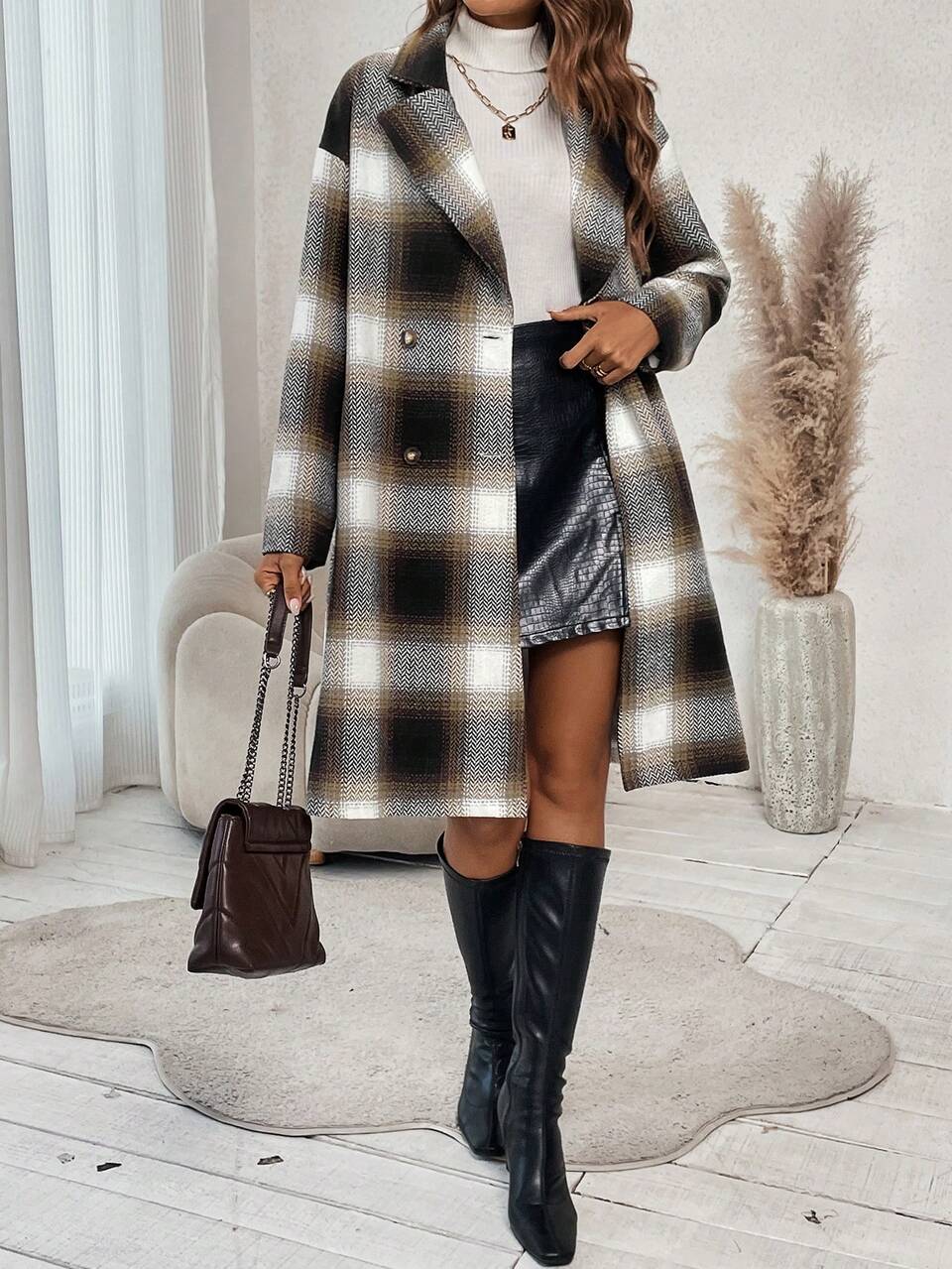 Plaid Print Double Breasted Overcoat