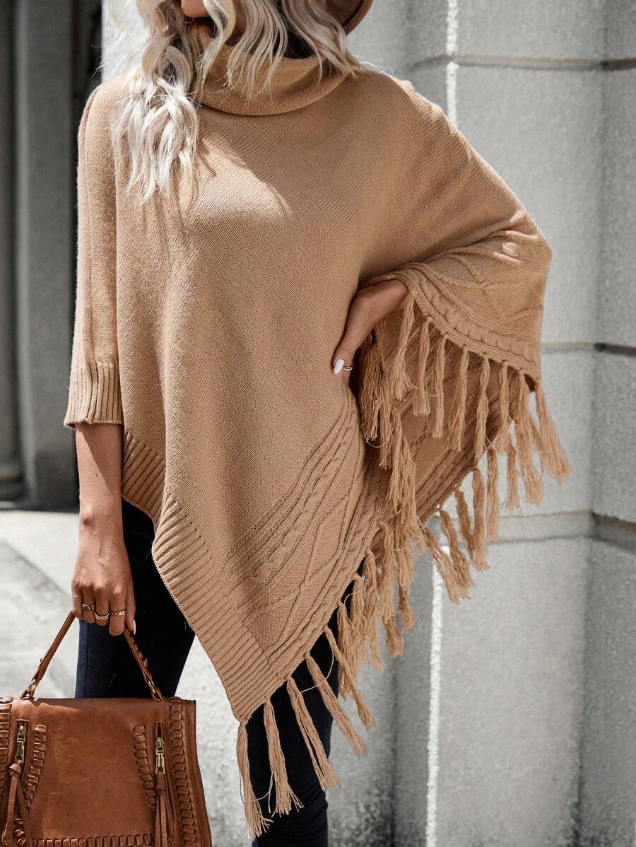 SHEIN Clasi 高領流蘇邊蝙蝠袖不對稱下擺斗篷毛衣 - 卡其色 - 查看 1