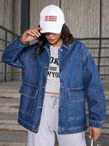 SHEIN PETITE Flap Pocket Drop Shoulder Denim Jacket - Blue - View 1