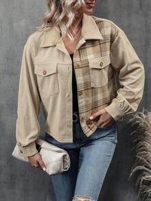 SHEIN LUNE 格紋印花落肩袖翻蓋口袋燈芯絨夾克 - 彩色 - 查看 5