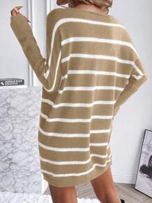 SHEIN LUNE 條紋圖案蝙蝠袖毛衣洋裝 - 卡其色 - 查看 2