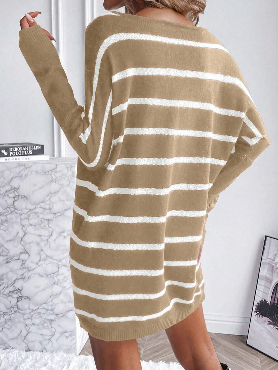 Striped Pattern Batwing Sleeve Sweater Dress