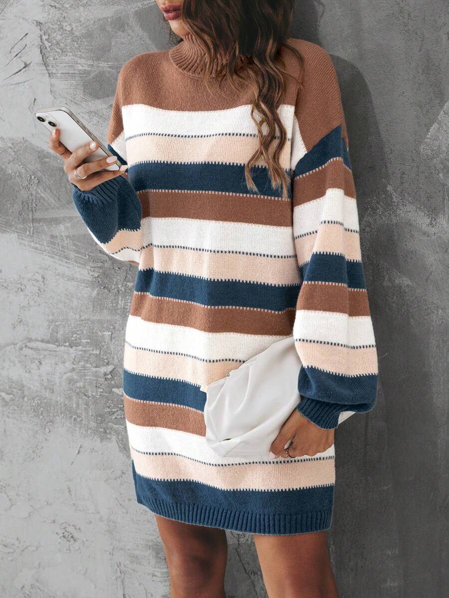 SHEIN Essnce 撞色條紋圖案高領落肩袖毛衣洋裝