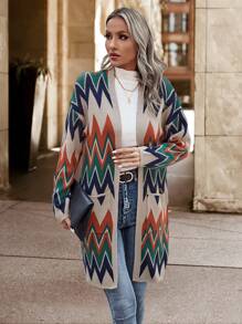 SHEIN Frenchy 人字形图案双口袋落肩开衫 - 彩色 - 查看 5