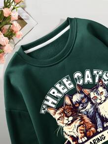 SHEIN EZwear Cat & Letter Graphic Thermal Lined Sweatshirt - Dark Green - View 6