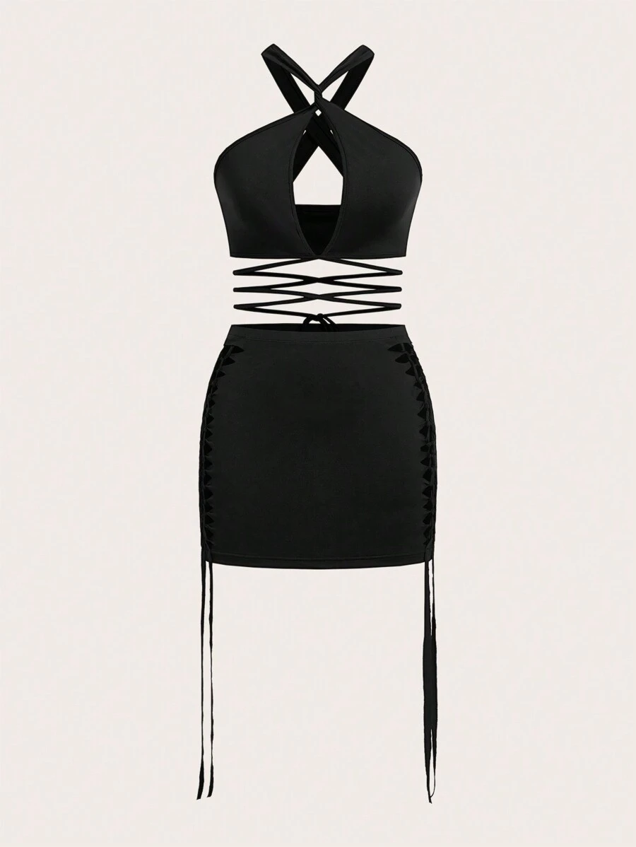 SHEIN ICON 十字交叉後背繫帶上衣和鏤空包臀半身裙 - 黑色 - 查看 1